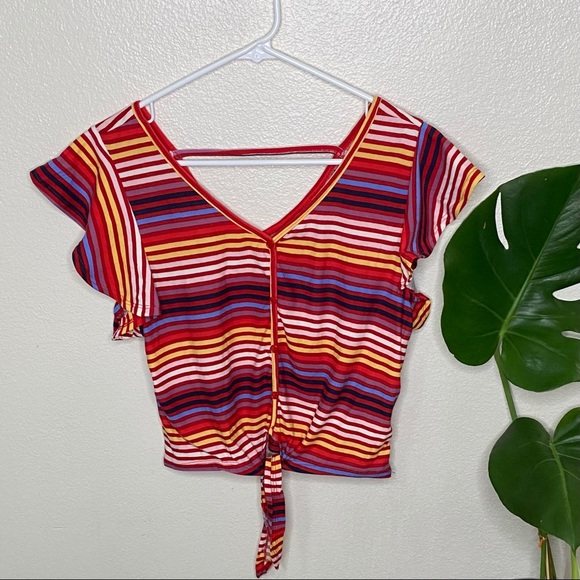 Hot Kiss Tops - Striped Ruffle Sleeve Crop Top
